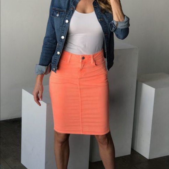 orange denim skirt and jacket